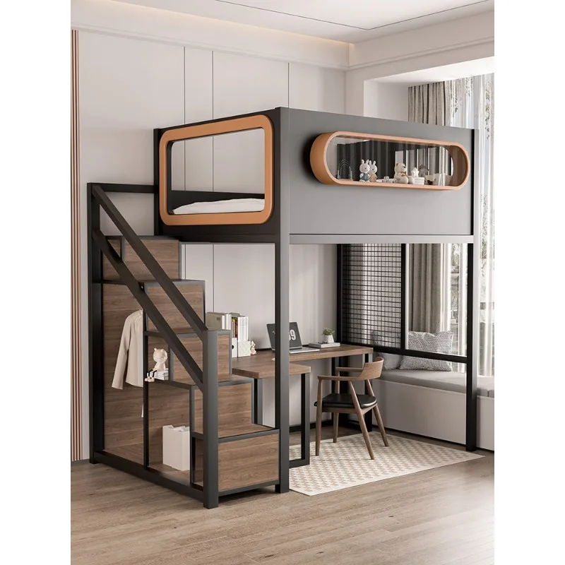 

Wrought iron elevated bed sheet upper layer duplex bed and table combination