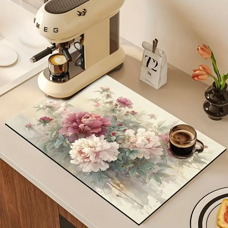 VIKAMA Watercolor Peony Dish Rack Mat, Absorbent and Non-Slip Coffee Maker Mat, Kitchen Countertop and Table Decor