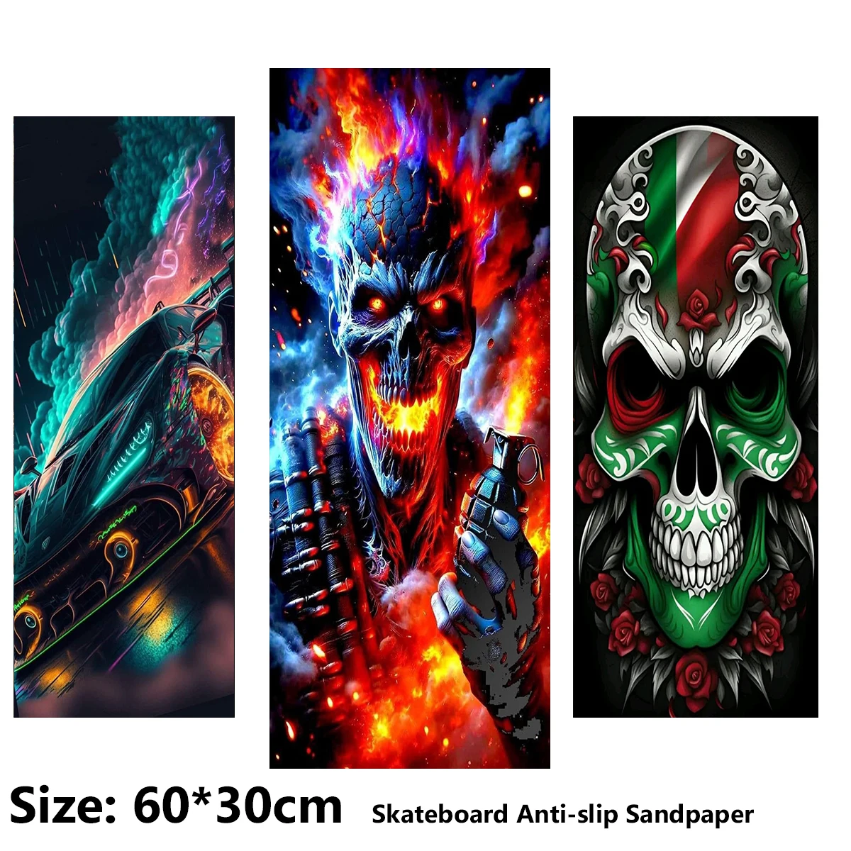 

Flame Colored Cool Sports Car Skull Pattern Electric Scooter Anti-slip Sticker Sandpaper Skateboard Grip Tape Sheet 60*30cm