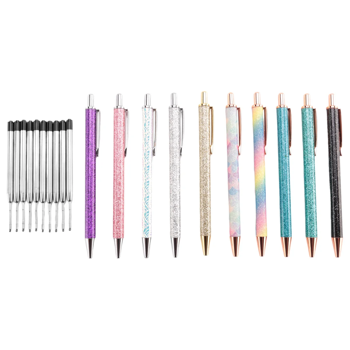 

ADP-10Pcs Metal Ballpoint Pens 1.0 mm Retractable Ballpoint Pens Glitter Metal Pens with 10Pcs Refills for School Supplies