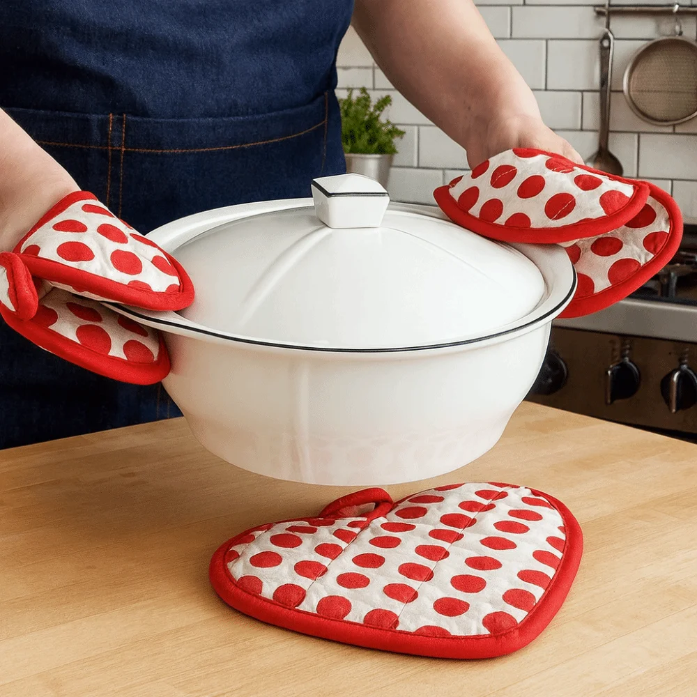 

2pcs Heart-shaped Heat Insulation Pad Polka Dot Thickened Cotton Oven Mitts Heat Resistant Non-Slip Anti-scalding Gloves