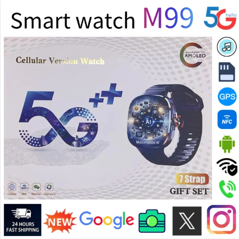 

New M99 5G Smartwatch 2025 2.4 Inch AMOLED Display Android OS Rotating Camera SIM WiFi Health Monitor GPS Heart Rate Waterproof