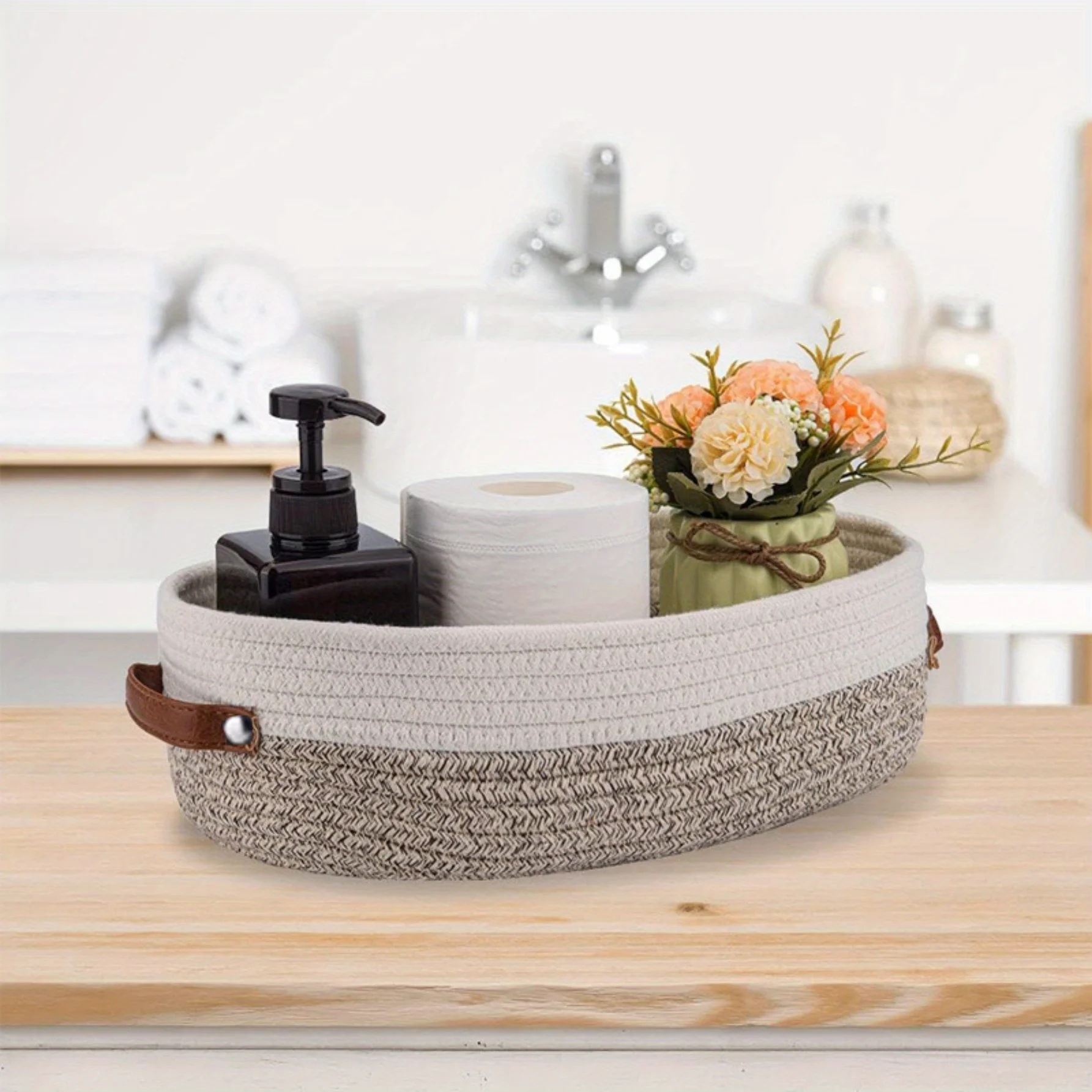 Oval Woven Bathroom Storage Basket, Multifunctional Desktop Organizer, Toilet Paper Holder, Toy Storage Basket