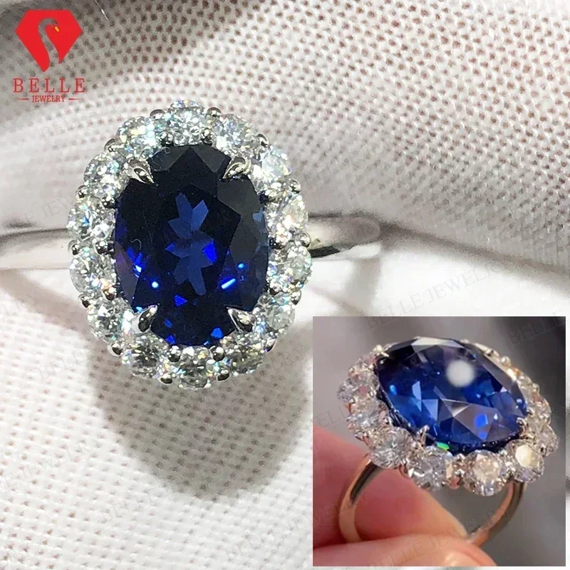 

Luxury Jewelry Custom Sterling Silver 925 18K Gold Ring Lab Grown Blue Sapphire7x9mm Oval Cut White D Moissanite Fine New Ring