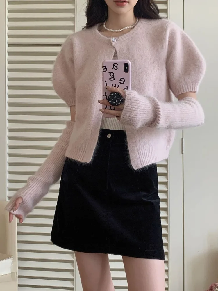 Deeptown Sweet Pink Women Sweater Cardigan Korean Style Old Money Elegant Autumn Outerwear Coquette Casual Puff Sleeve Knitwear