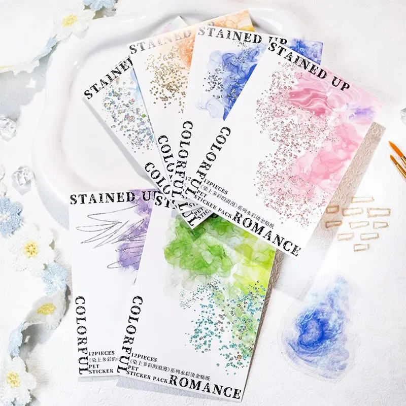 12Pcs Pack Dyed in the Dark Romance Watercolour Gold Bronzing Stickers Rainbow Moods Stationery Supplies Scrapbook 141*90MM