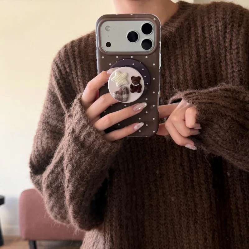 Shockproof White Dots Pattern Magnetic Brown Phone Case with Bear Holder for iPhone 17, 16, 15, 14, 13, Pro, Promax
