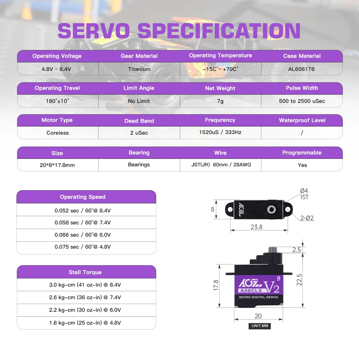 AGFRC A06CLS V2 6g Titanium Gear 3.0KG Super Fast Programmable Micro Servo For 1/18 1/24 1/27 1/28 Mini Car GLR GLA MRZ Airplane