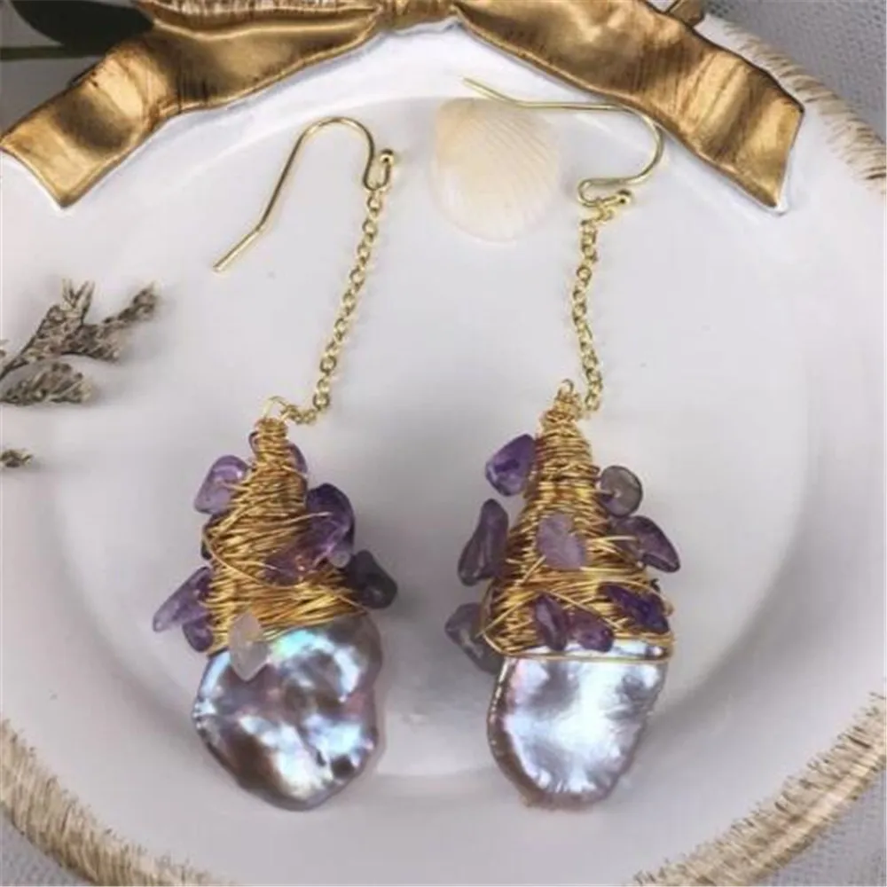 Freshwater pearls Purple Baroque Pearl Wrapped Amethyst Earrings Earbob Ear  Hoop Gold Teens