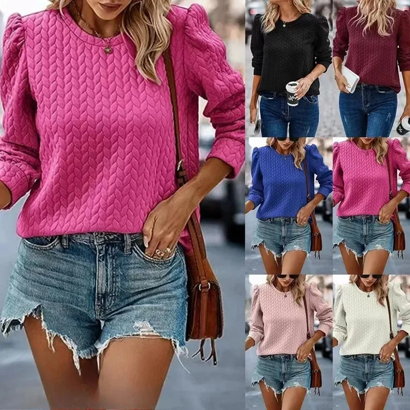 

New European and American women's puff sleeve round neck loose casual sweatshirt sweatshirt