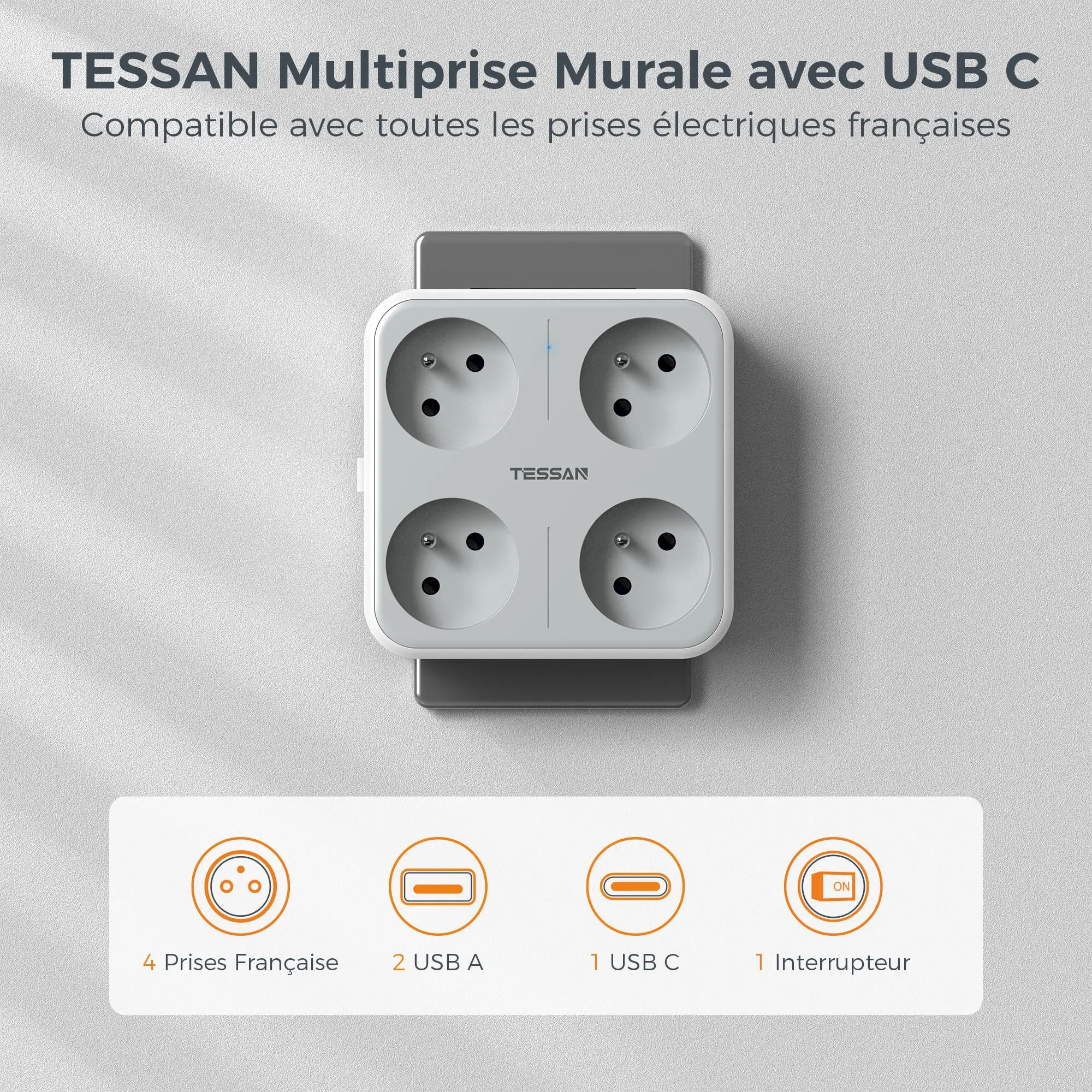 Listwa zasilająca z wtyczką TESSAN FR na EU z 3 portami USB (1 USB C) i 4 gniazdkami francuskimi Wielogniazdowy zasilacz z zabezpieczeniem przed