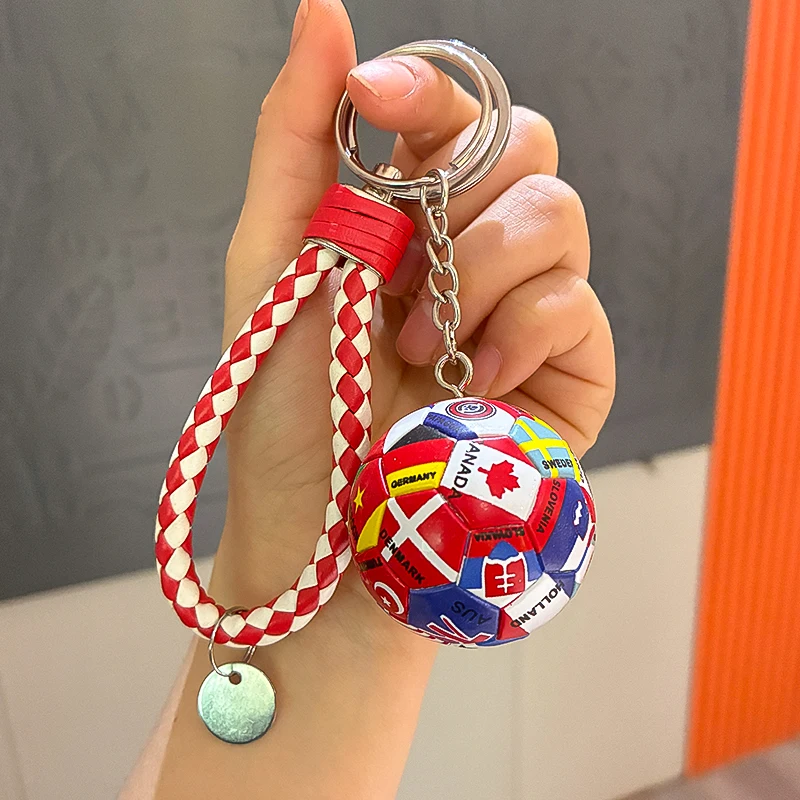 Mini Soccer Ball Keychain, 3D Sports Ball Key Ring with Braided Leather Strap, Souvenir Gift Keychain for Fans