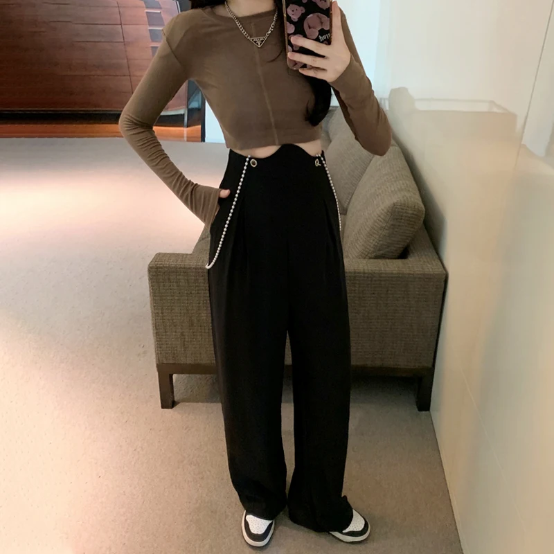 

Casual Pearl Strap Wide Leg Pants Women's High Waist Long Trousers Black Drapey Suiting OL Style Straight Cut Fashionable