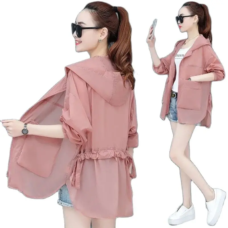 

2023 Summer New Ice Silk Sun Protection Clothing Thin Women' Coat Loose Breathable Forward Short Back Long Ladies Jacket