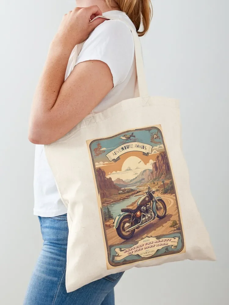 Vintage Motorcycle Adventure Poster: Explore the Open Road Tote Bag tote bags cloth bags shopper bag woman Tote Bag