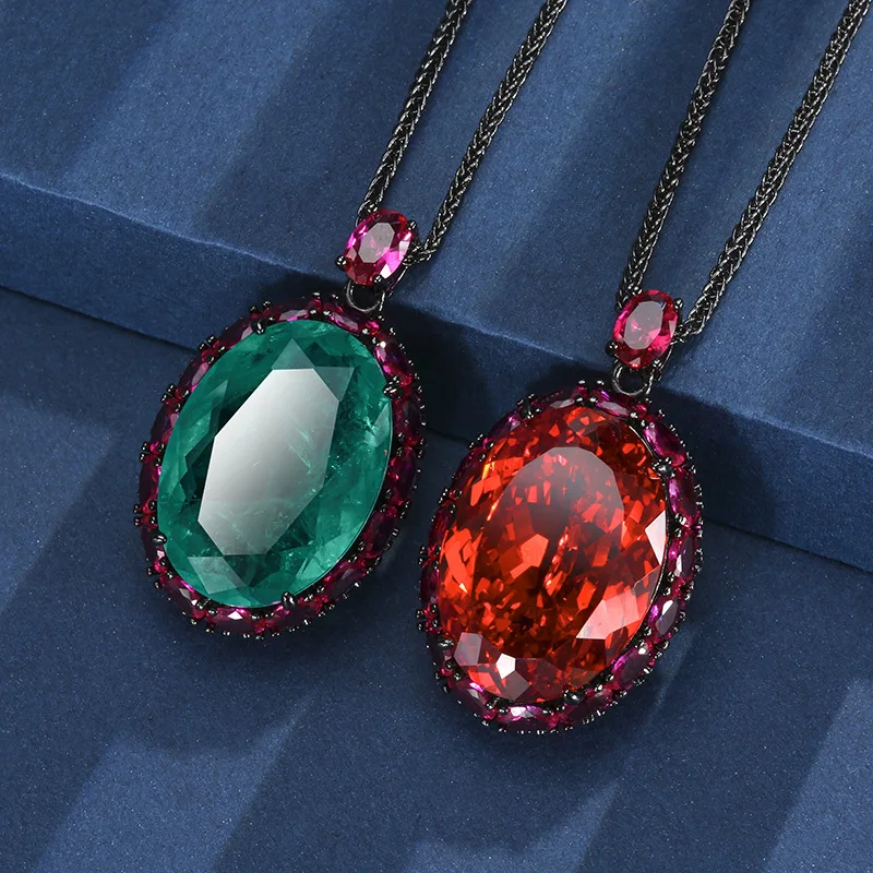 Oval Simulated Gem Pendant Necklace Dark Tone Metal Surrounded Small Matching CZ Stones Large Stone Vintage Women Jewelry