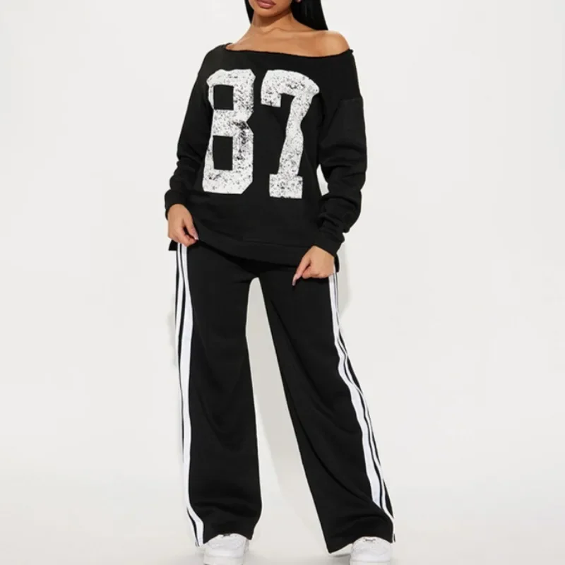 2025 Spring Autumn Letter Patchwork Loose Casual 2 Piece Set Women Off Shoulder Full Sleeve T Shirt Drawstring Wide Leg Pants