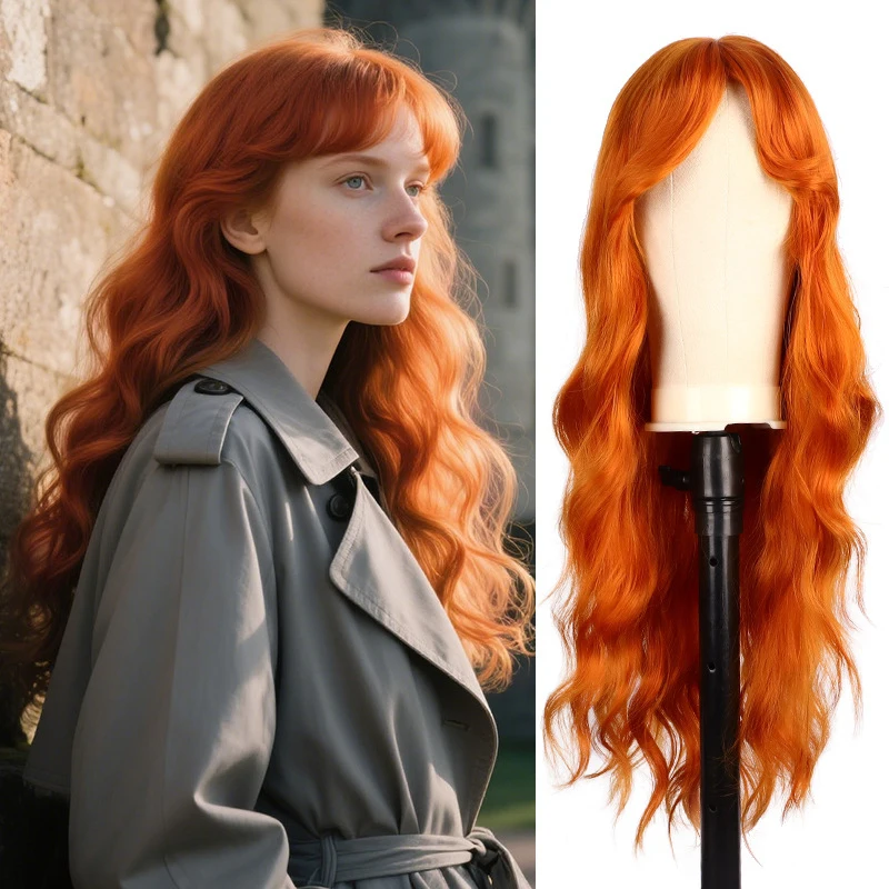 European American style women's long curly hair wig with large waves, water ripples, side bangs, and middle parting
