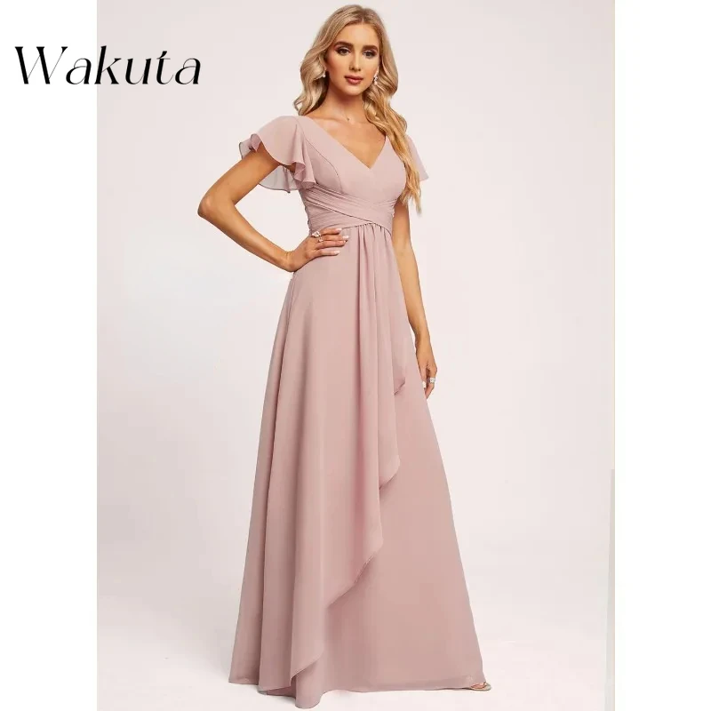 Wakuta-Elegante V-Neck Cap Sleeve Bridesmaid Robes, Chiffon, Cintura Alta, Bola Vestidos de Noite Formais com Bolso, Vestido, Moda