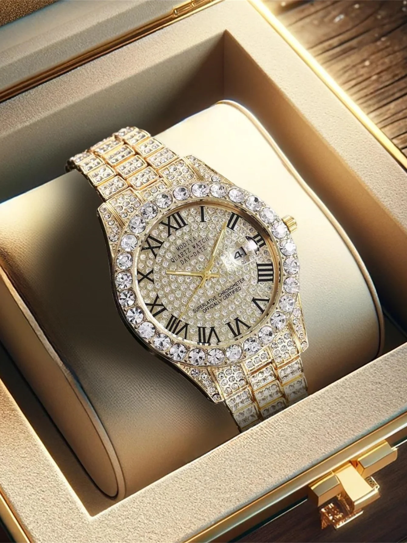 

Роскошные мужские наручные часы с бриллиантами и календарем, водонепроницаемые кварцевые часы из нержавеющей стали 30 м, мужские деловые часы260