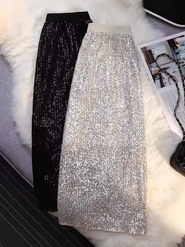Elegant Sequin High Waist Midi Skirt Women's Autumn Winter Straight Cut Slimming Small Size One Step Skirt Korean Style