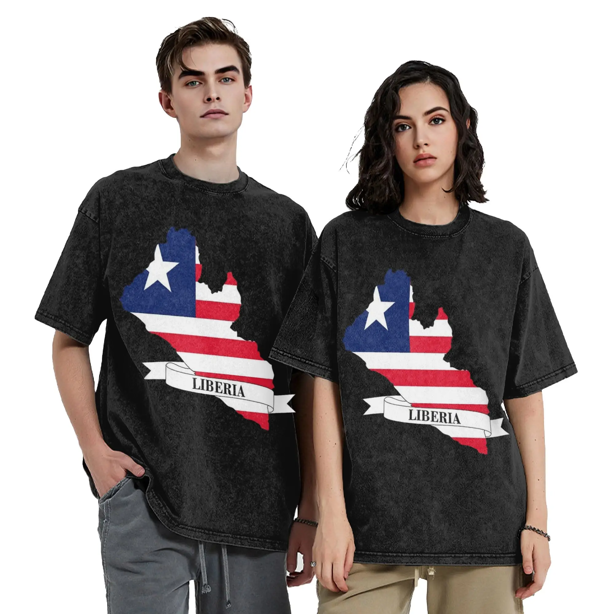 Flag Map of Liberia Washed T Shirts Streetwear Retro T-Shirt  Tees Men Women Short Sleeve Oversize Graphic