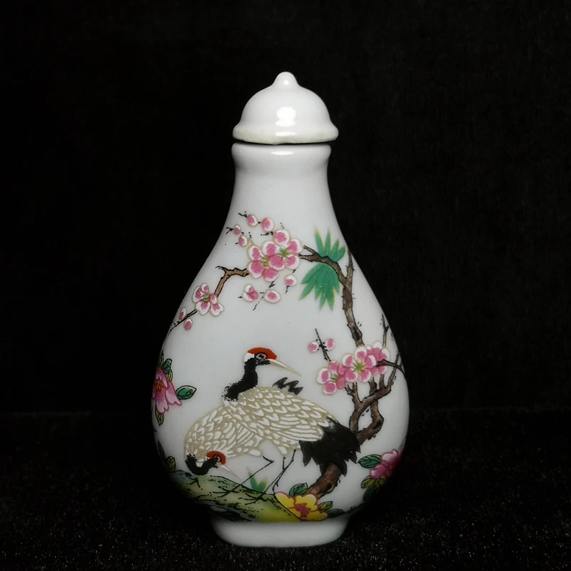 YIZHU CULTUER ART Size 3.2 Inch Chinese Porcelain drawing red-crowned crane plum blossom Snuff Bottle