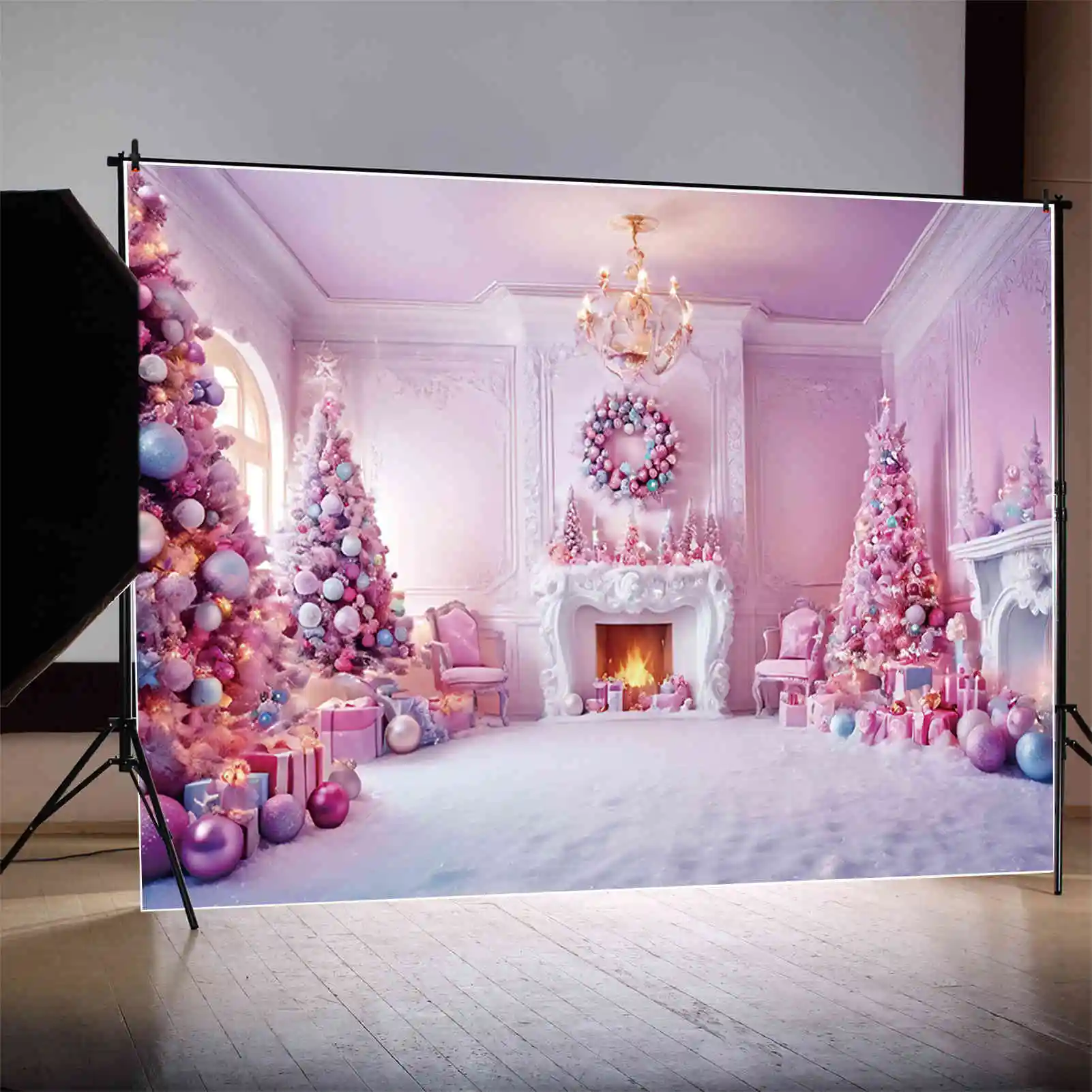 MOON.QG 2024 크리스마스 크리스마스 트리 배경, 냉동 장식 나무 벽난로, 서양 배경, 파티 사진 용품