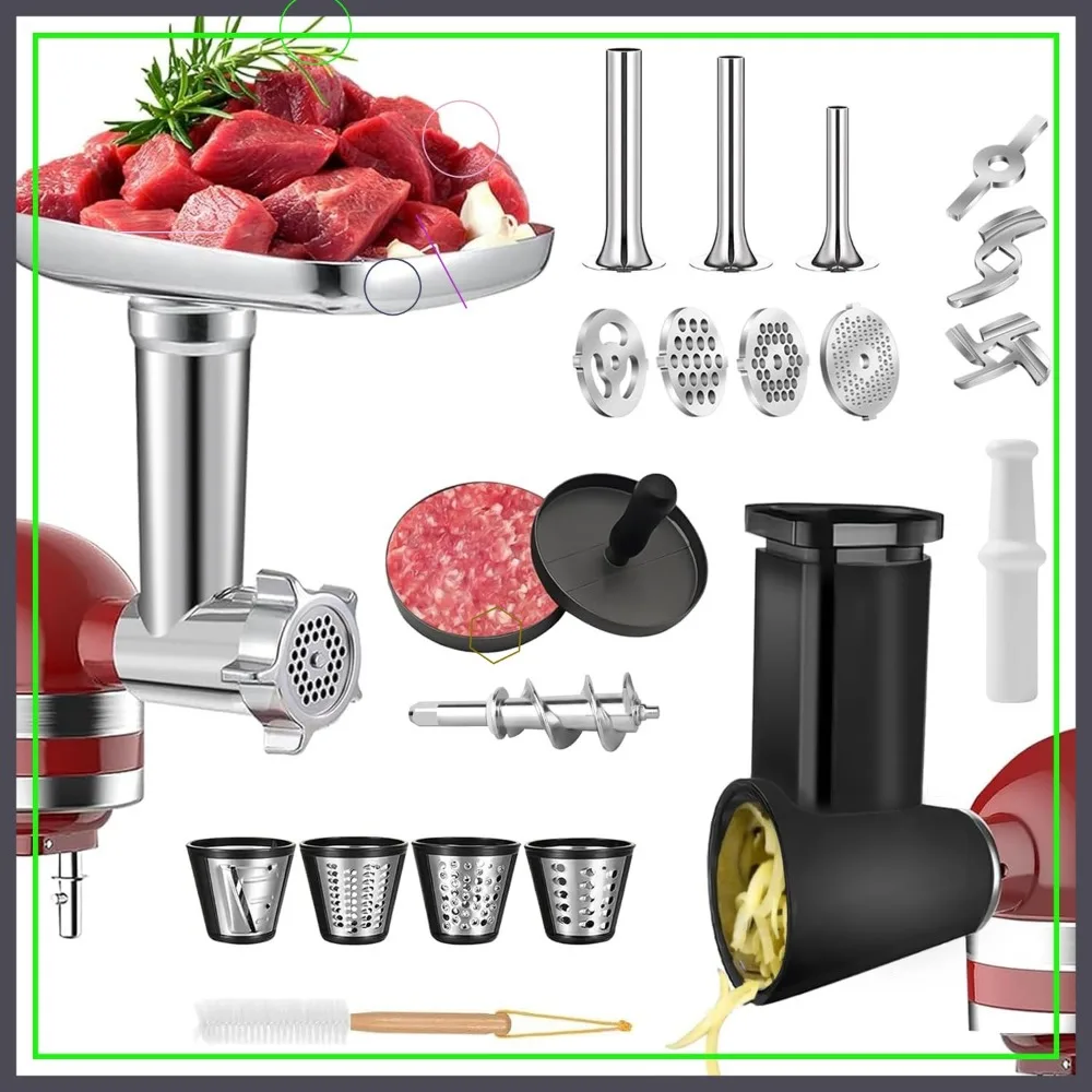 

2-in-1 Meat Grinder & Cheese Shredder Set for Stand Mixers, Includes 4 Plates, Sausage Tubes, and Accessories