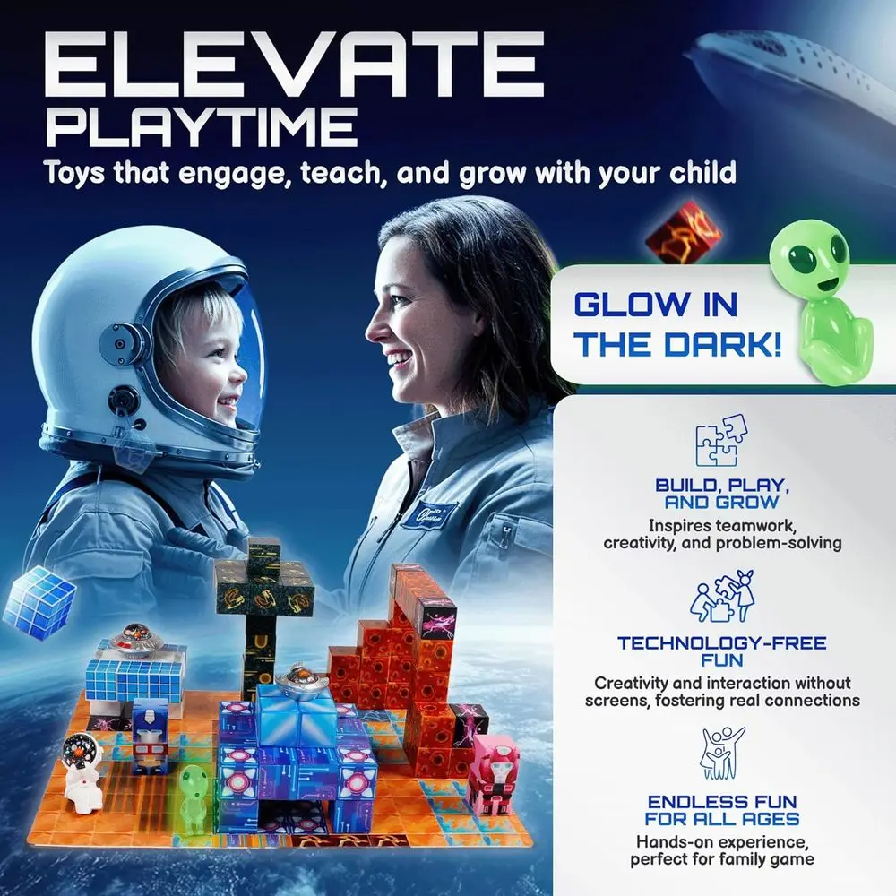 บล็อกแม่เหล็ก STEM สำหรับเด็กอายุ 3 ปีขึ้นไป - ชุดธีมอวกาศพร้อมลูกบาศก์เรืองแสง