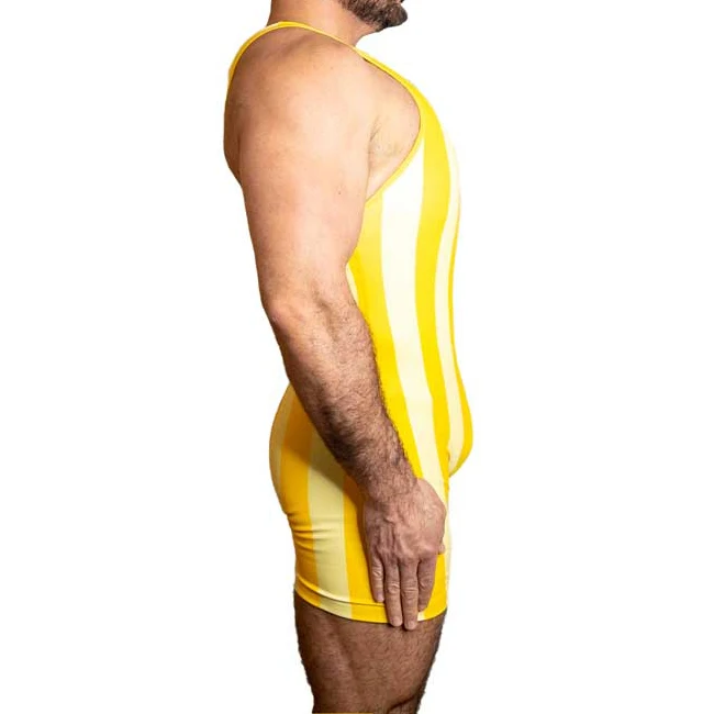 Yellow Vertical Stripes Wrestling Singlets Suit Boxing One Piece Bodysuit Iron Gym Sport Fitness PowerLifting Skinsuit Wear