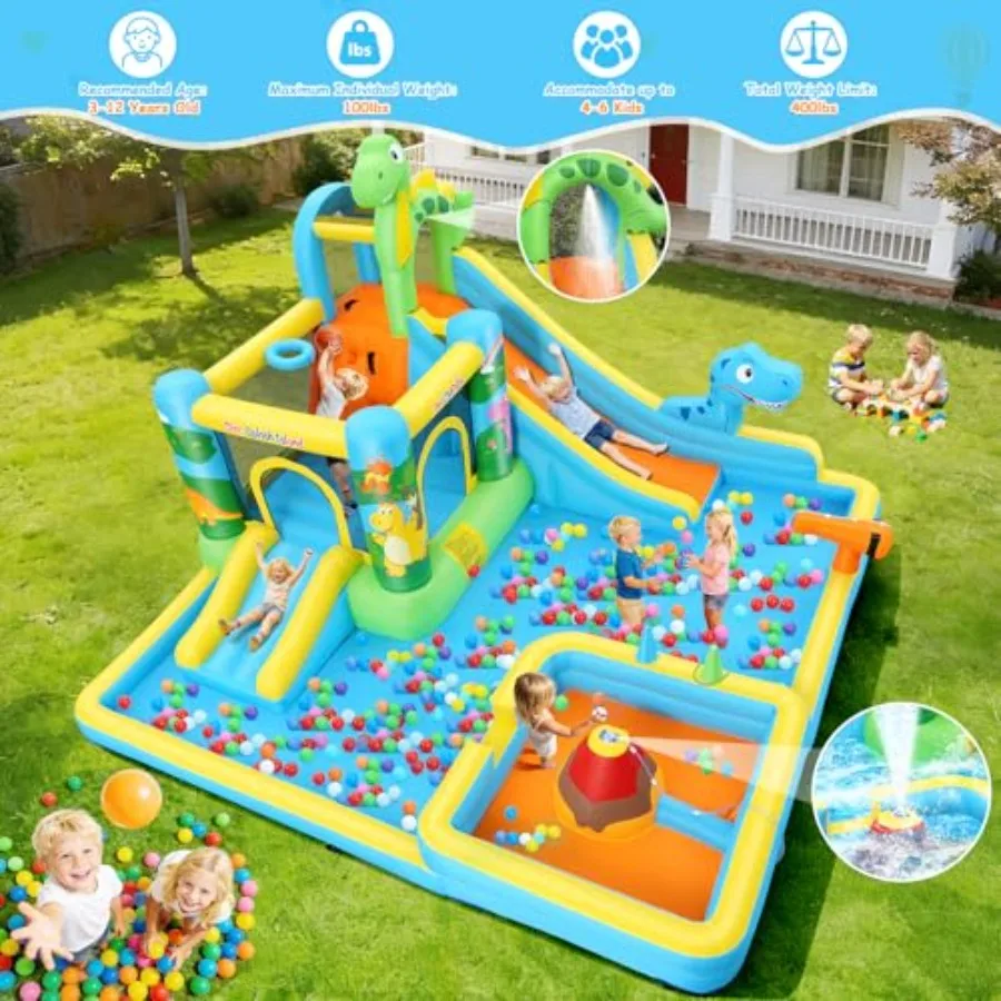Outdoor backyard inflatable water slide: dinosaur-themed 13-in-1 bounce house for kids 3-12 PVC material blue-green color dual view 5