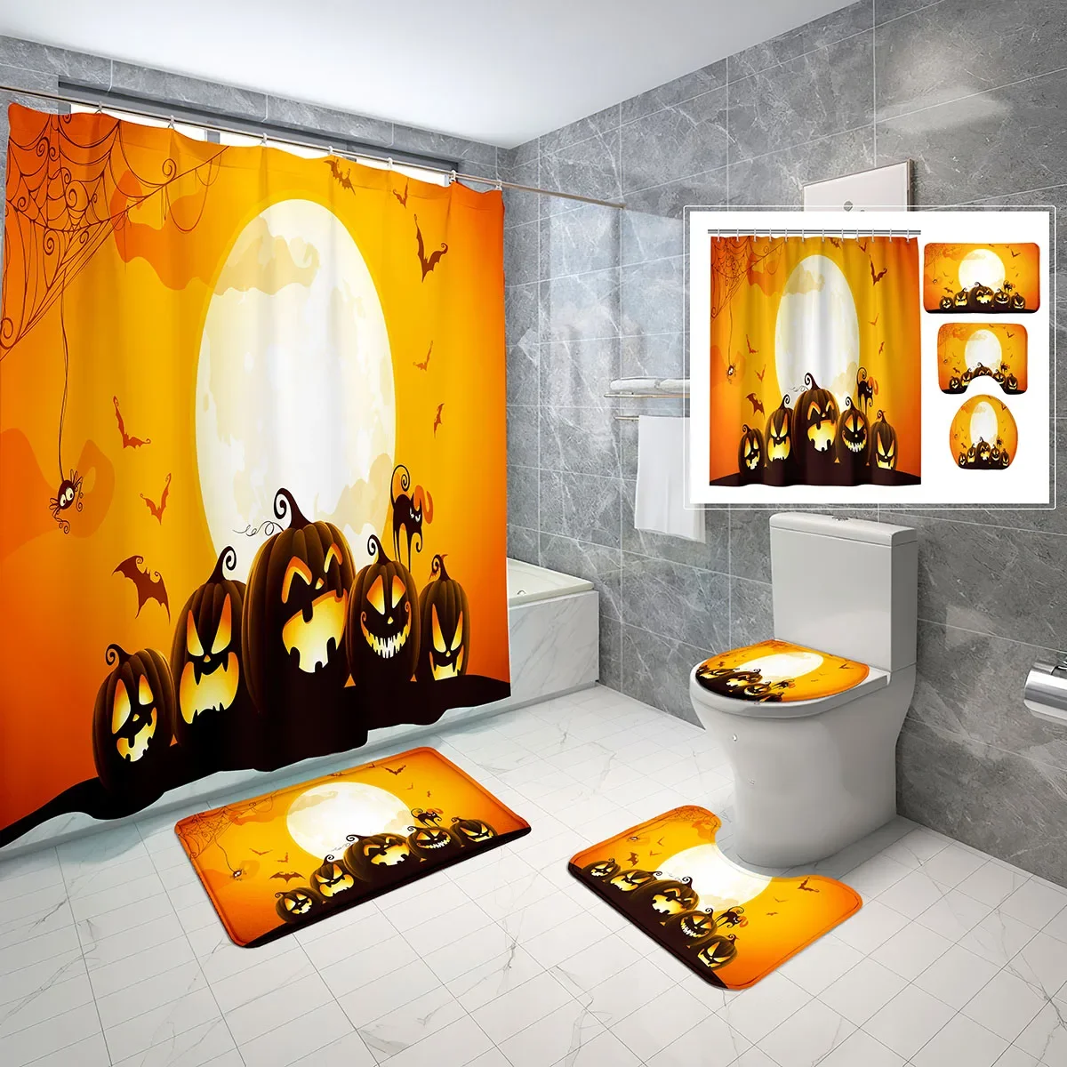 4 Pcs Pumpkin Shower Curtain Sets Autumn Halloween Decorations Non-Slip Bath Mat Toilet Cover Waterproof Shower Curtain Set