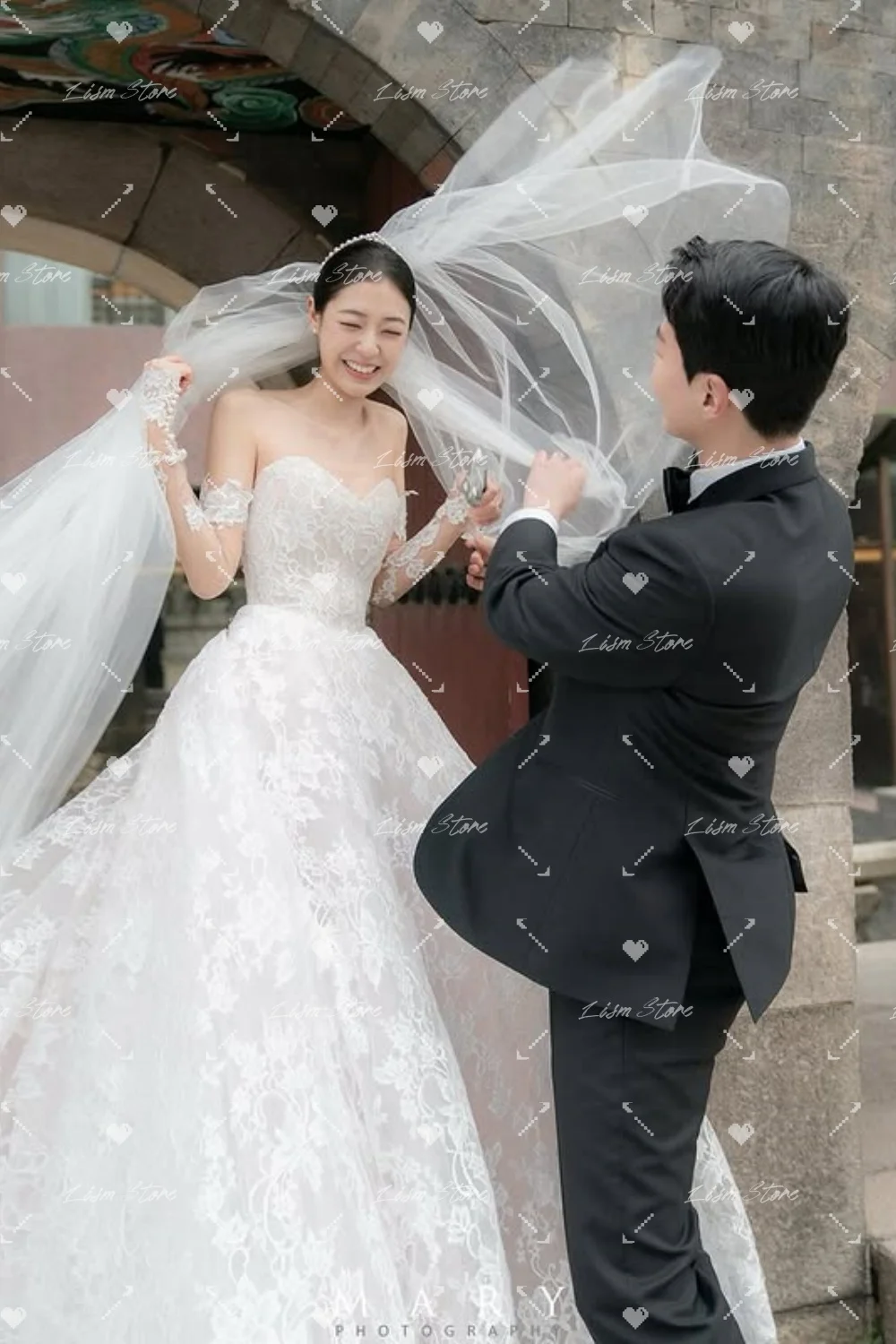 Lism Luxurious Sleeveless Sweetheart Collar Wedding Dresses Lace A-line Sweep Train Korea Wedding Dress Photo Shoot Customized