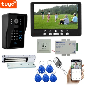 Sistema de videoportero WIFI de 7 pulgadas, timbre con cámara Tuya, impermeable, cámara de teléfono inteligente para puerta de casa con tarjeta de identificación, contraseña de llave