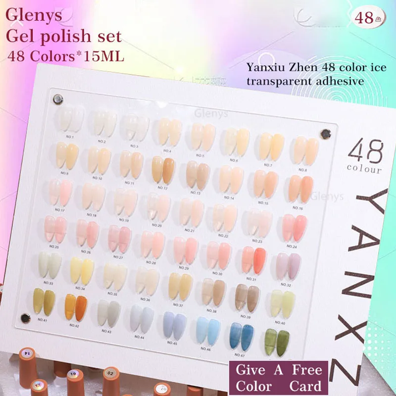 

Glenys 48 Color Four Season Jade Lip Ice Penetrating nail polish Tape Color Card Soaking gel Nail Art Varnish Set 15ml