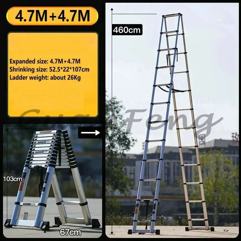Foldable Aluminum Alloy Telescopic A-frame Ladder 4.7M + 4.7M, Suitable for Elevator Maintenance and Construction Projects