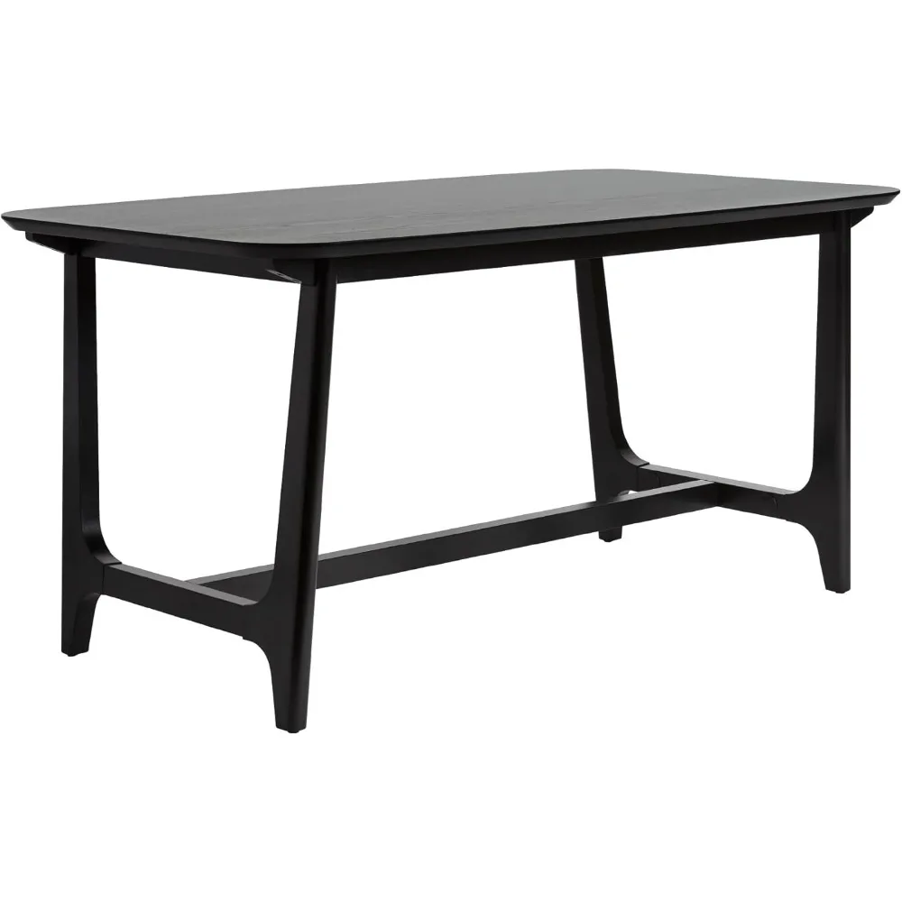 Mid-Century Modern Solid Wood Trestle Base Dining Table, 60 Inch, Black Ash Veneer