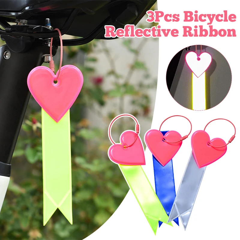 3PCS Bicycle Reflective Ribbon Cycling Safe Warning Pendant Night Riding High Brightness Ornament Heart-Shaped Cycling Equipment
