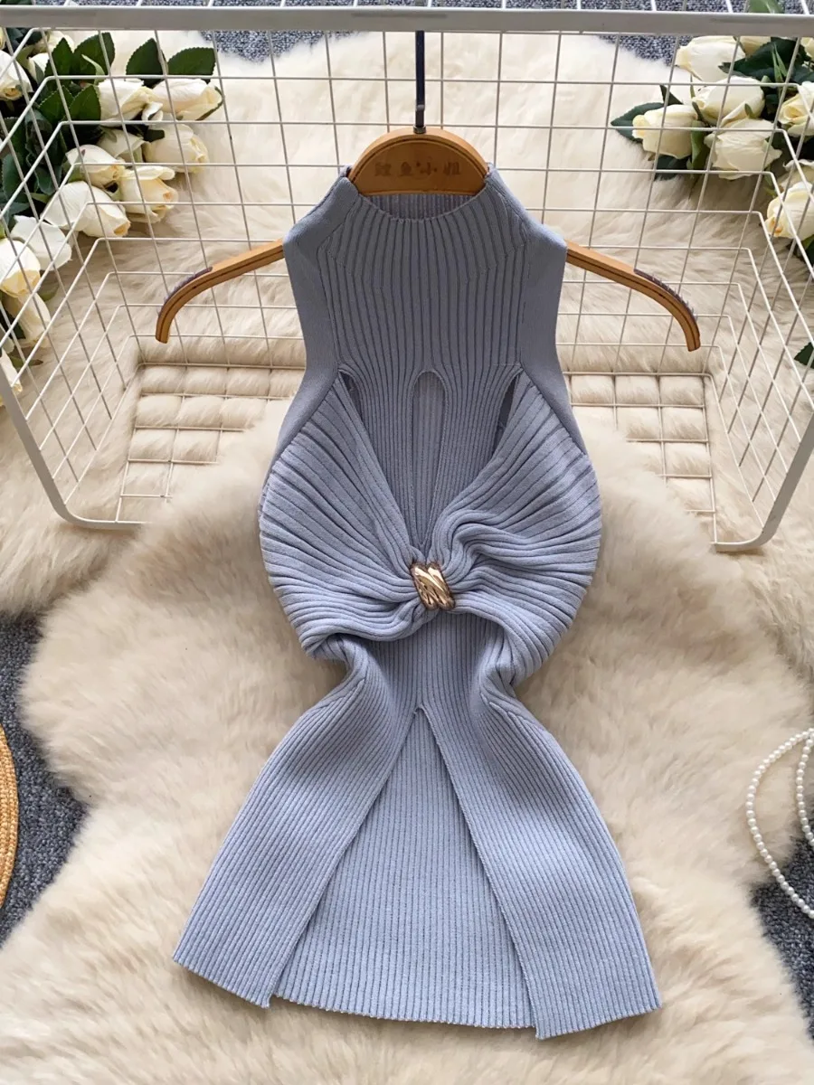 Foamlina Gilet lavorato a maglia senza maniche di lusso chic da donna Summer Metal Kink Design Spice Girl Canotte alla moda Crop Top