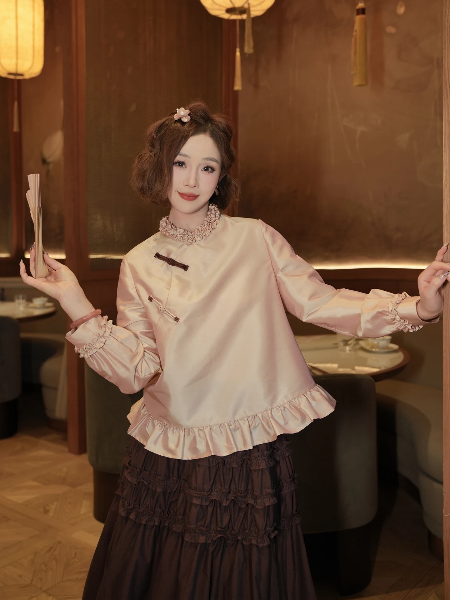 

Yolo Original Handmade Bamboo Silk Soft Light Flower Top Chinese Sle Loose Fit Long Sve Polyester Fiber Women's irt