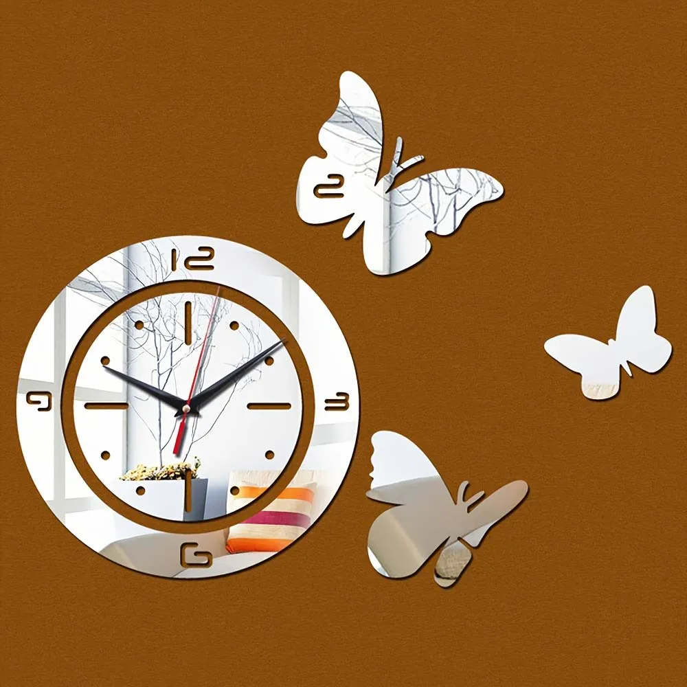 Mirror Wall Stickers Fashion Creative Diy Acrylic Wall Clock 3d Butterfly Digital Clock No Battery Modern Kitchen Living