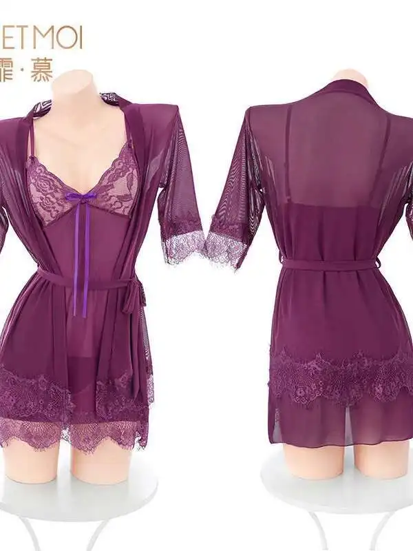 Nuevo conjunto de gasa con adorno de encaje Pure Desire, camisón de casa con tirantes, vestido erótico elegante y Sexy, seducción de pecho descubierto LFCD