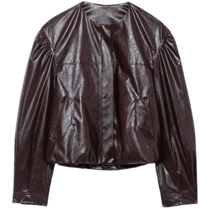 Inverno 2025 Donna rotonda Ne Long Sve Faux Leather Pilot Jaet Nuovo arrivo ort Capispalla Chiusura con bottoni Cappotto da donna