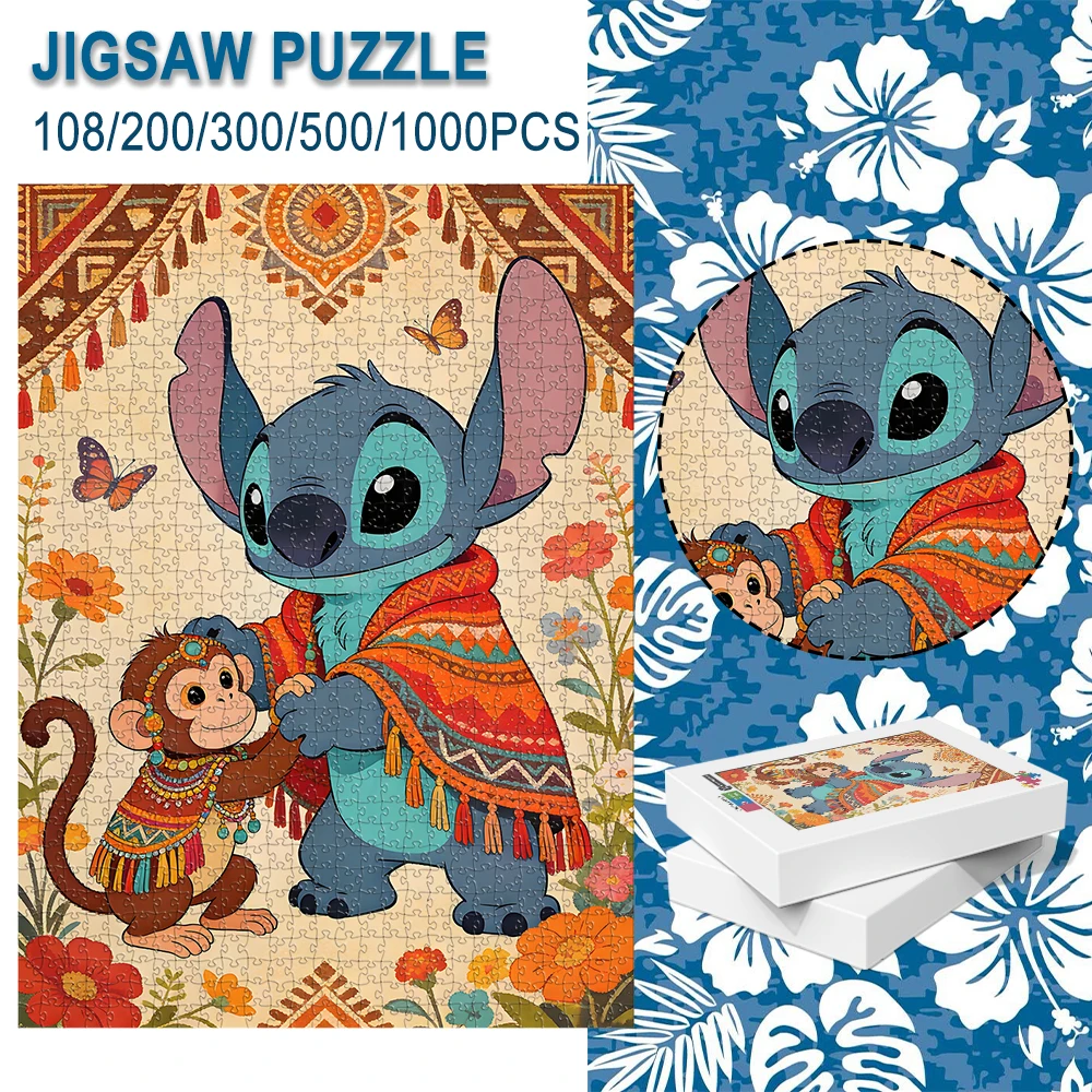 Disney Ethnic Style Stitch Wooden Floor Puzzle Game 1pc 108/200/300/500 Pieces Available Difficulty Levels