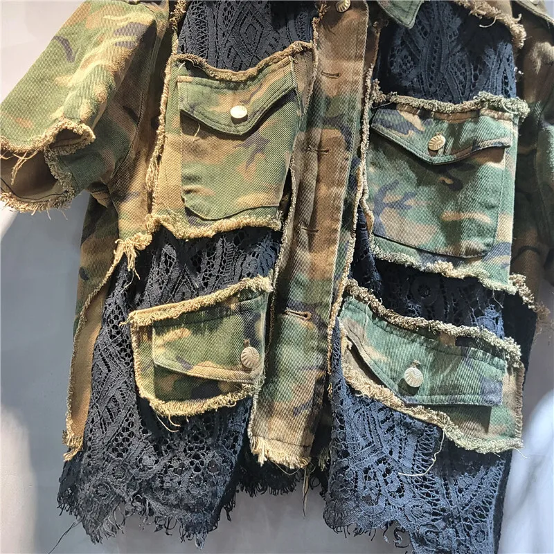 WTHT nueva moda mujer empalmado camuflaje borde rebaba camisa de manga corta cintura elástica pantalones sueltos mujer 2025 verano 1LS1685