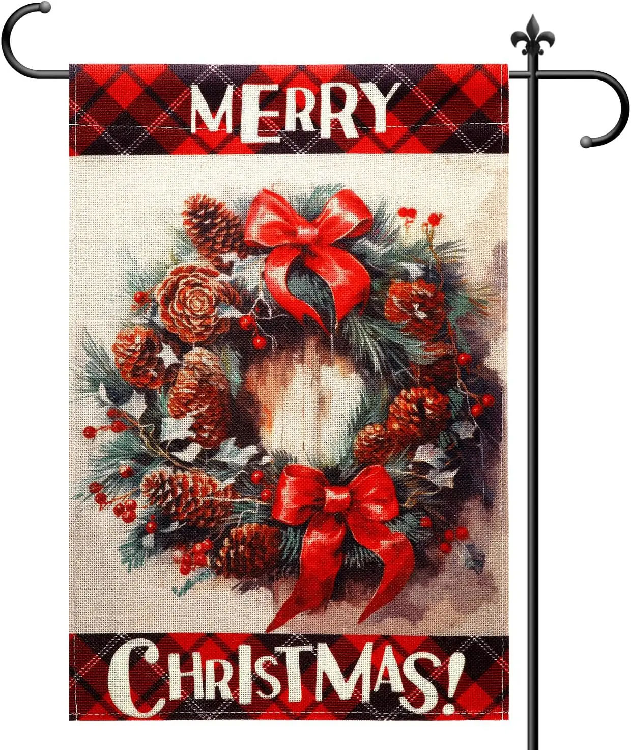 Wreath Christmas Garden Flag, 12x18 Inch Double-sided Garden Flag Red & Black Plaid Xmas Flag Seasonal Flag Decorative Flags