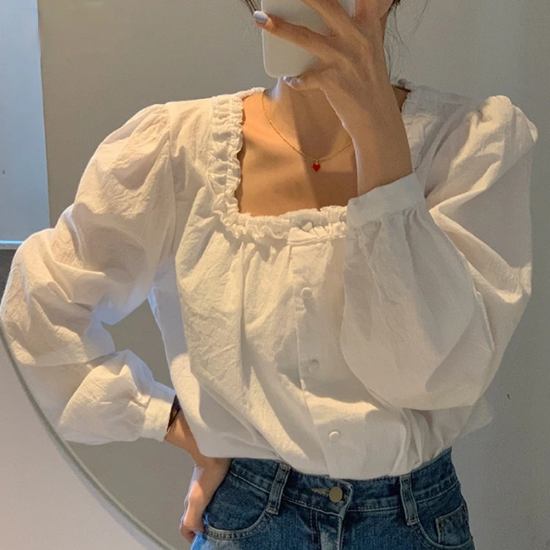 

Sweet Girl Spring Cute White Long-sleeved White Long-sleeved Korean Style Temperament Solid Color Loose Square Collar T-shirt