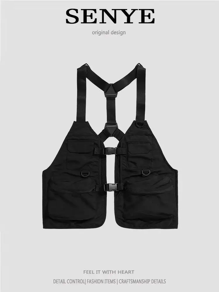 Men's Niche Cargo Webbing Buckle Vest Multi Pocket Collarless Tactical Functional Style Dark Fashion Sleeveless Gilet