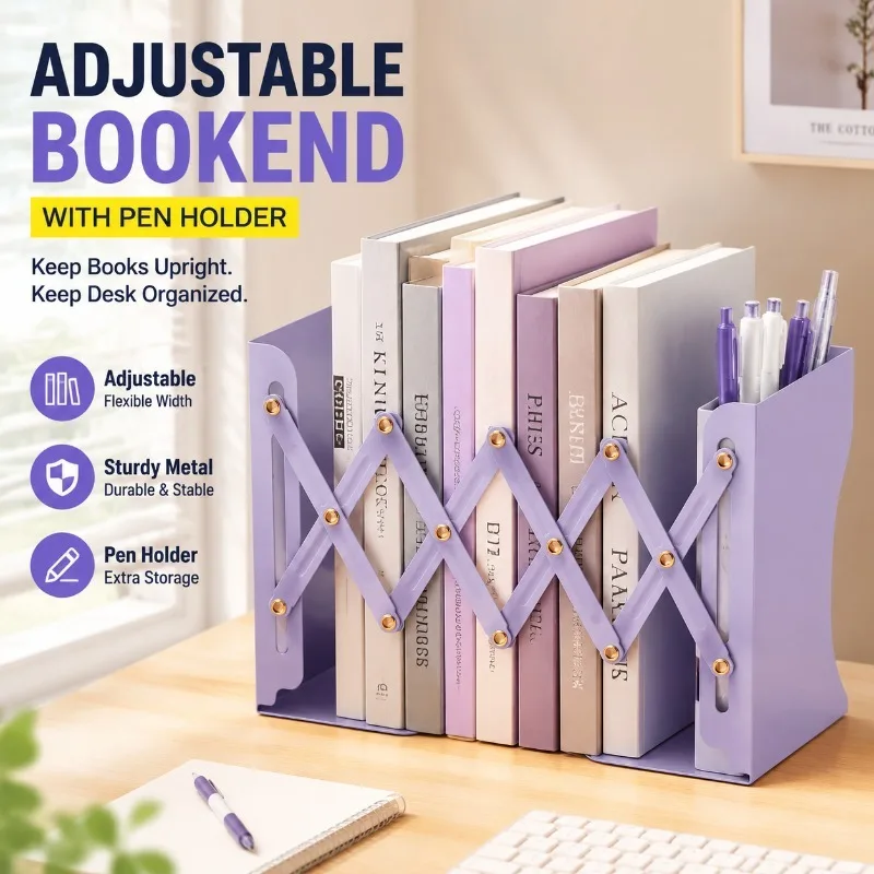Metal Retractable Bookends Adjustable Desktop Book Baffle Student Textbook Fixed Upright Stand Heavy‑duty Table‑top Volume